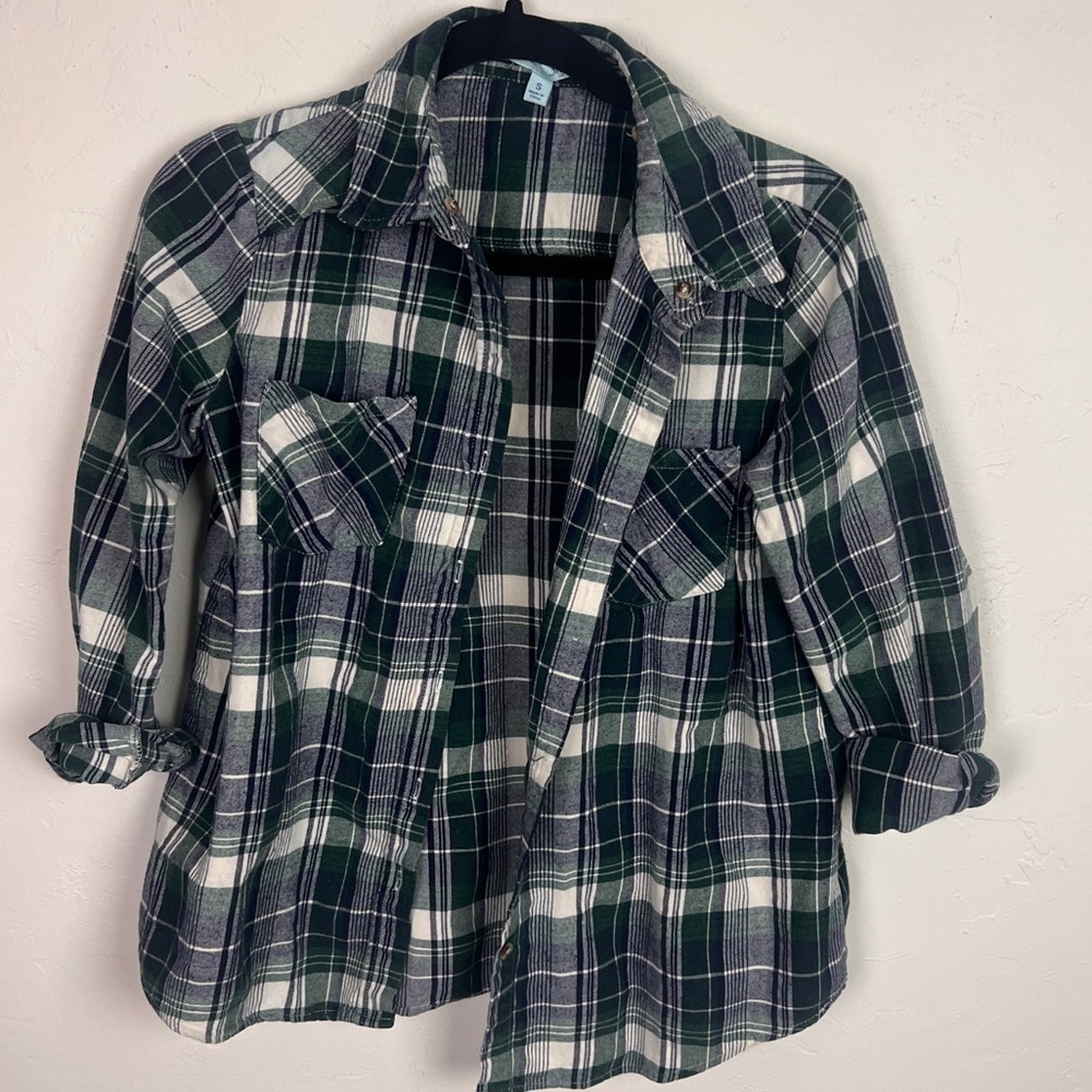 She + Sky flannel shirt blue green plaid